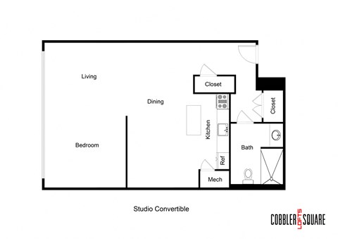 a floor plan of a studio apartment with a bedroom and a living room